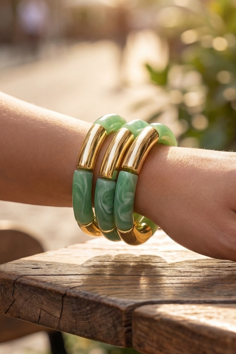 Metallic And Marble Resin Tube Elastic Bracelet Set