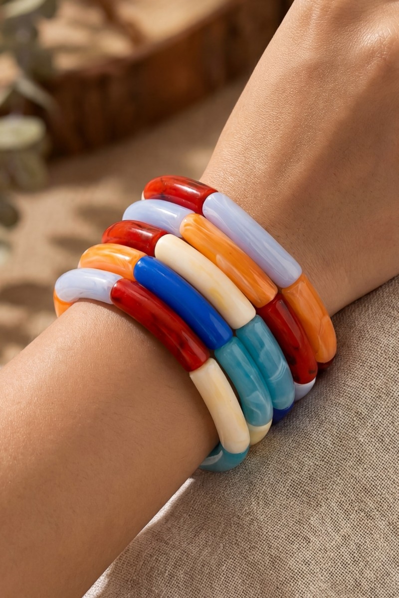 Marble Resin Tube Elastic Bracelet Set