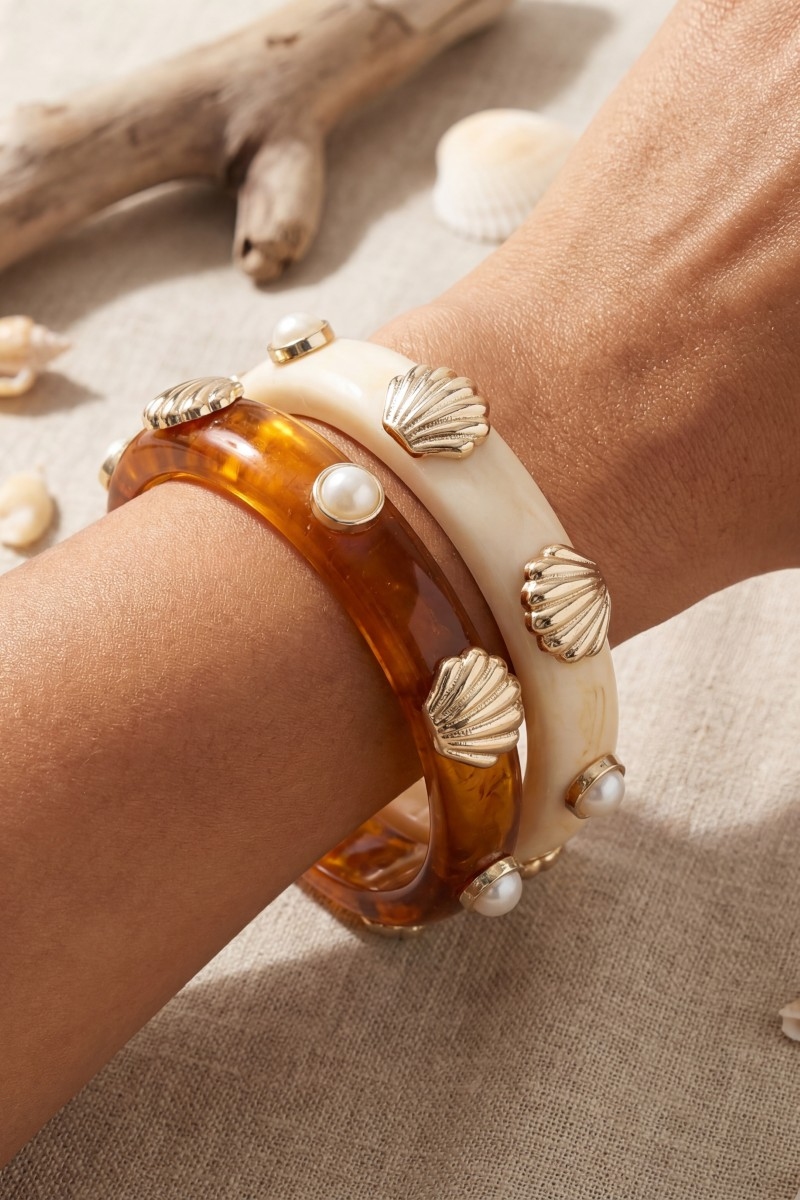 Pearl And Shell Stud Marble Resin Bangle Bracelet Set