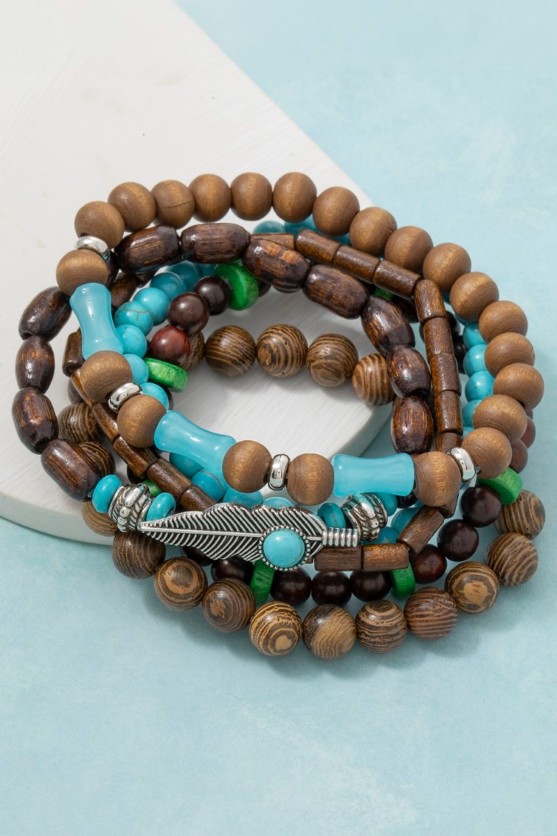 Assorted Western Wooden Beads Stackable Bracelet Set