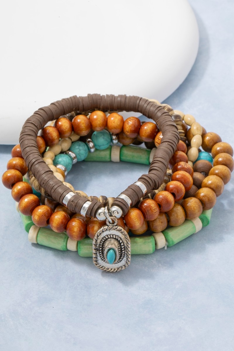 Assorted Beads Western Cowboy Hat Charm Bracelet Set