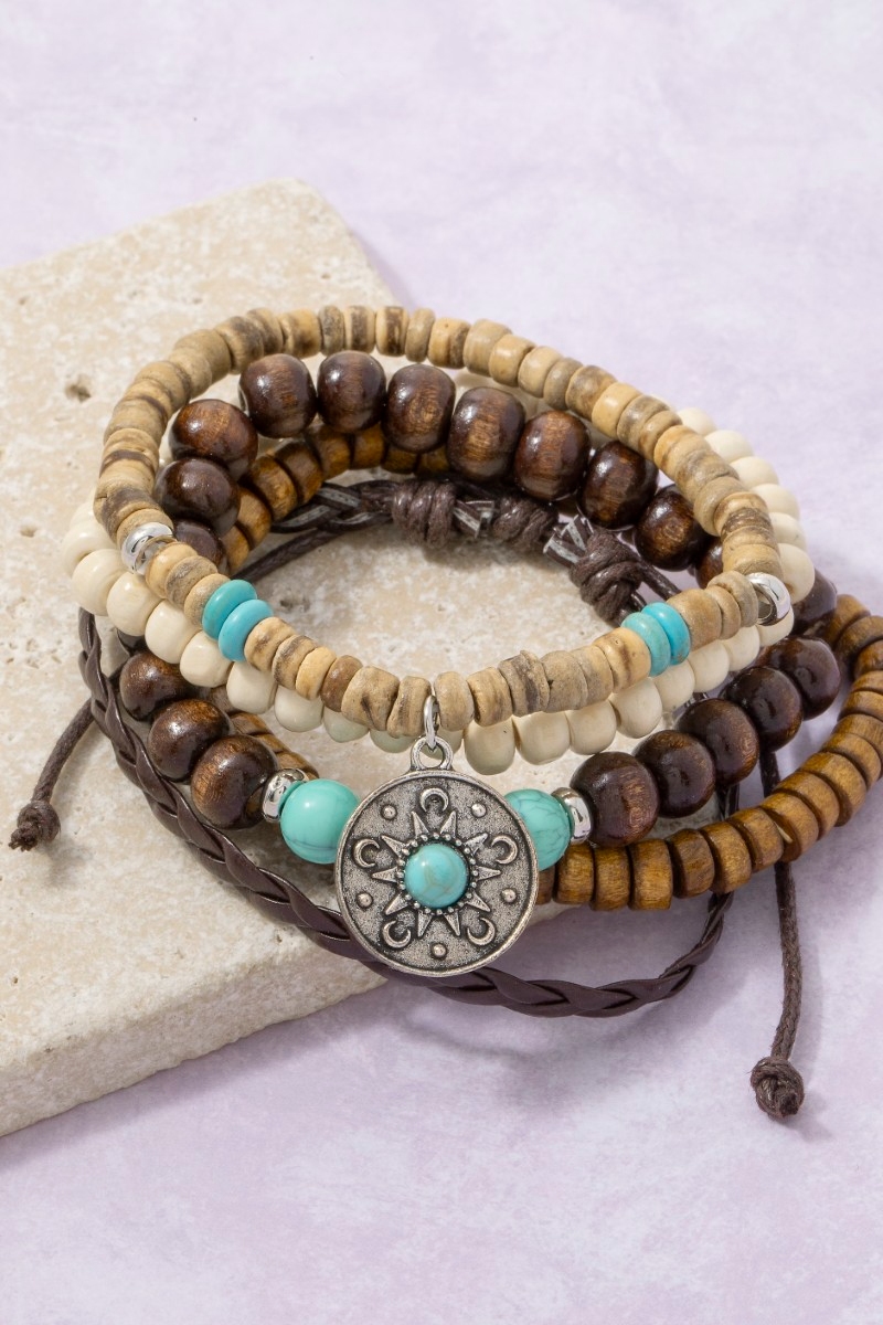 Western Coin Charm Beaded Stackable Bracelet Set