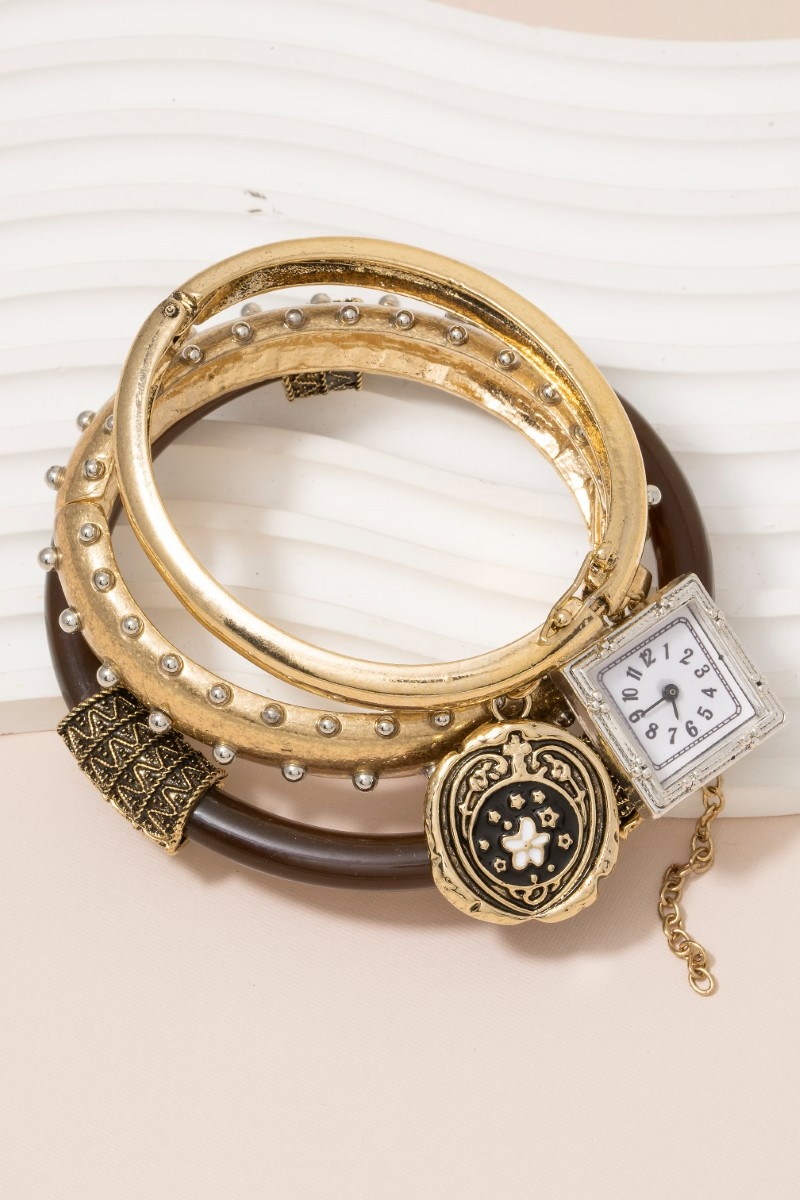 Three Piece Bangle With Charms And Watch Bracelet
