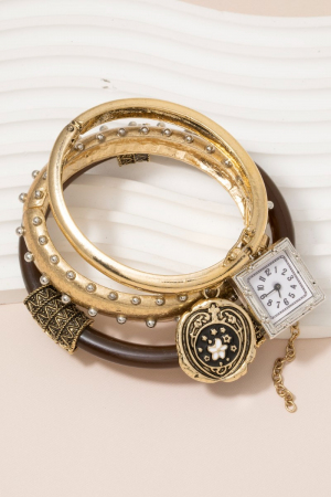 Three Piece Bangle With Charms And Watch Bracelet