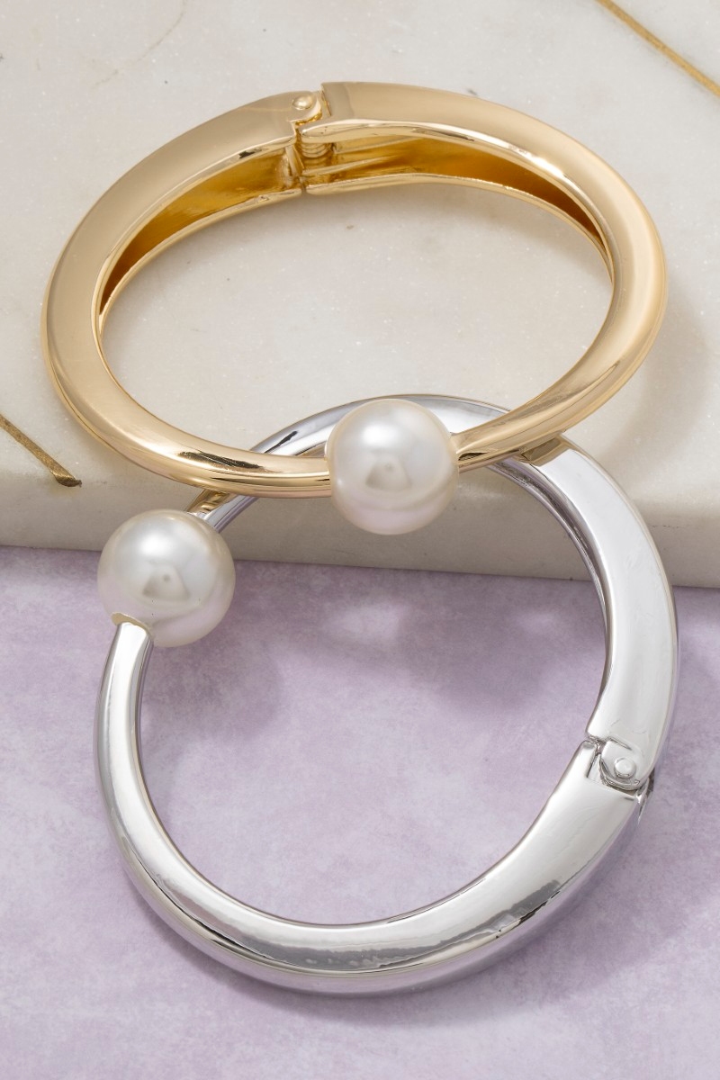 Pearl Bead Thin Metal Hinged Bangle Bracelet