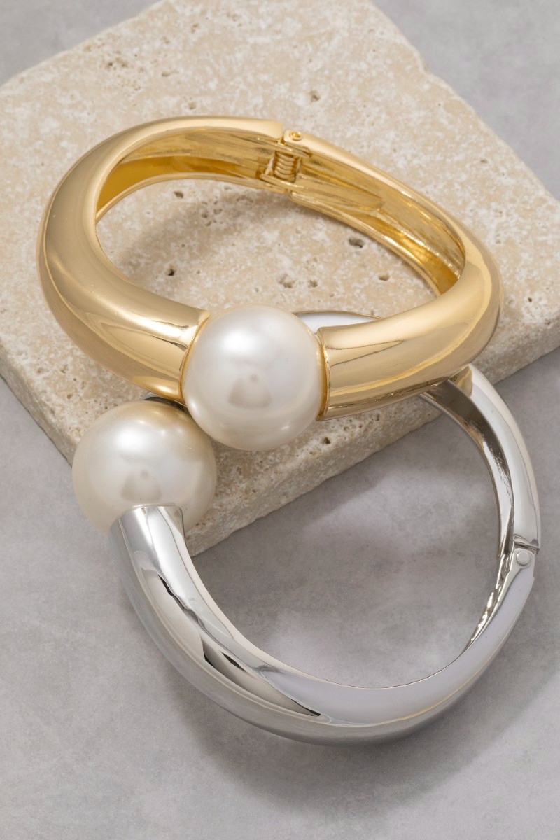 Bulky Pearl Bead Metal Hinged Bangle Bracelet