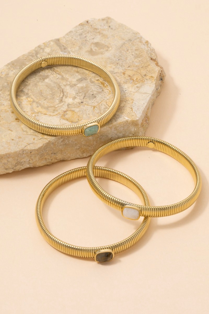 Stainless Steel Ribbed Stone Bangle Bracelet