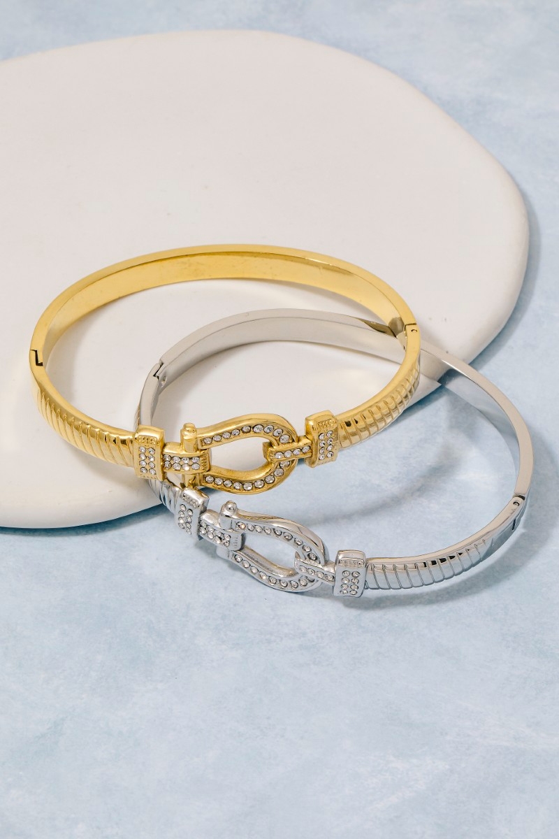 Stainless Steel Pave Horseshoe Bangle Bracelet