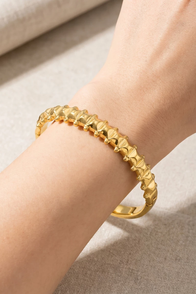 Gold Dipped Pyramid Spike Studded Bangle Bracelet