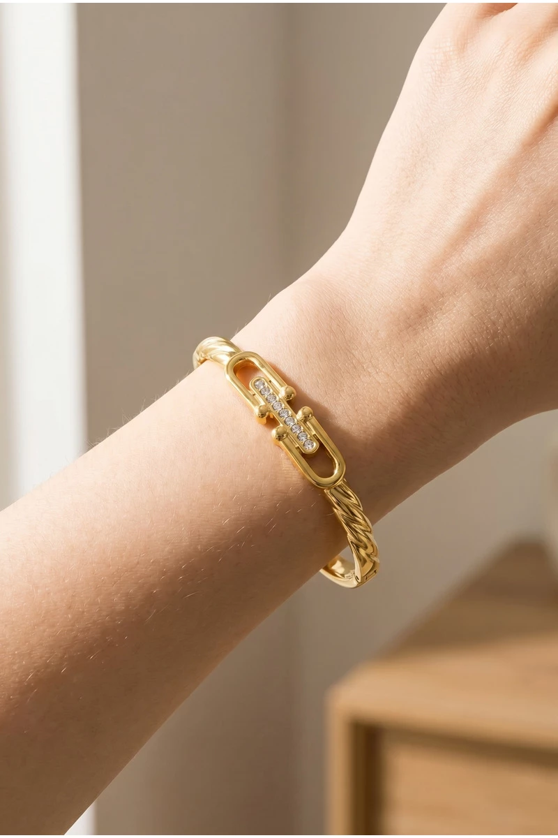 Gold Dipped Twisted Cz Connector Bangle Bracelet