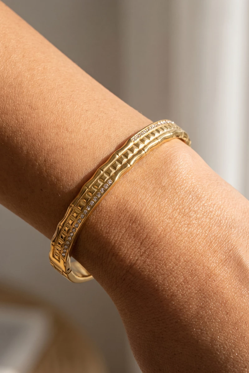 Stainless Steel Pave Crystal Textured Hinged Bangle