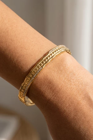Stainless Steel Pave Crystal Textured Hinged Bangle