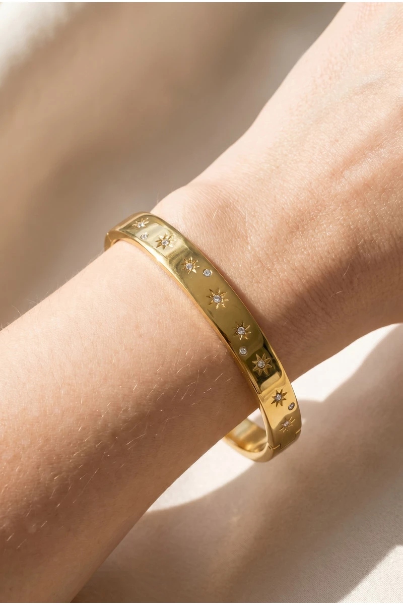 Gold Dipped Starburst Cz Wide Bangle Bracelet