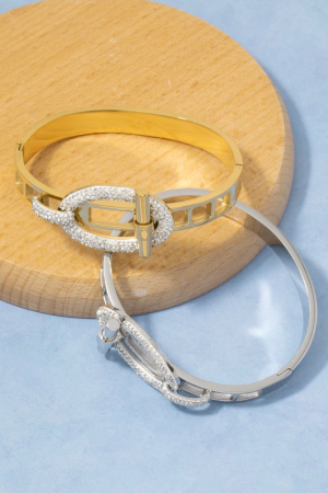 Stainless Steel Pave Oval Buckle Hinged Bangle Bracelet