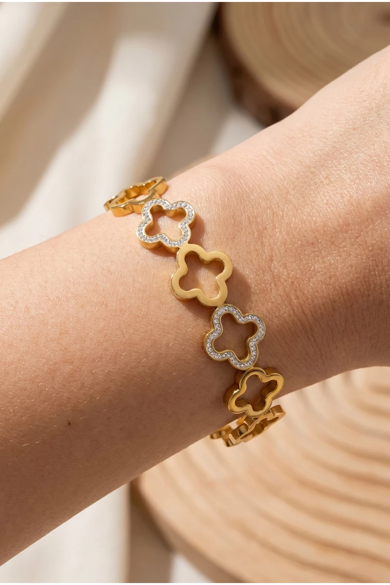Gold Dipped Cz Quatrefoil Clover Link Bracelet