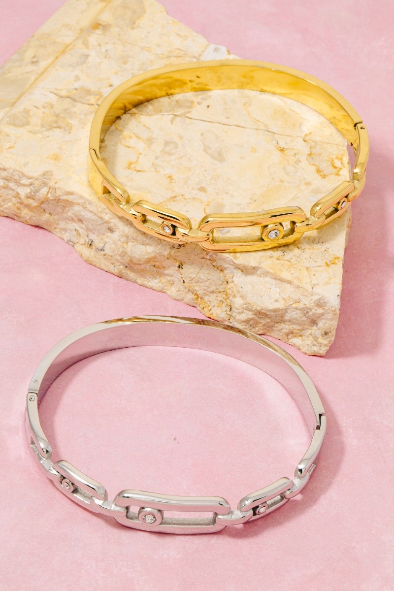 Stainless Steel Chain Link Crystal Accent Hinged Bangle Bracelet