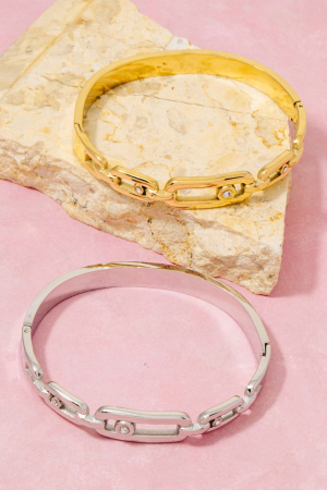 Stainless Steel Chain Link Crystal Accent Hinged Bangle Bracelet
