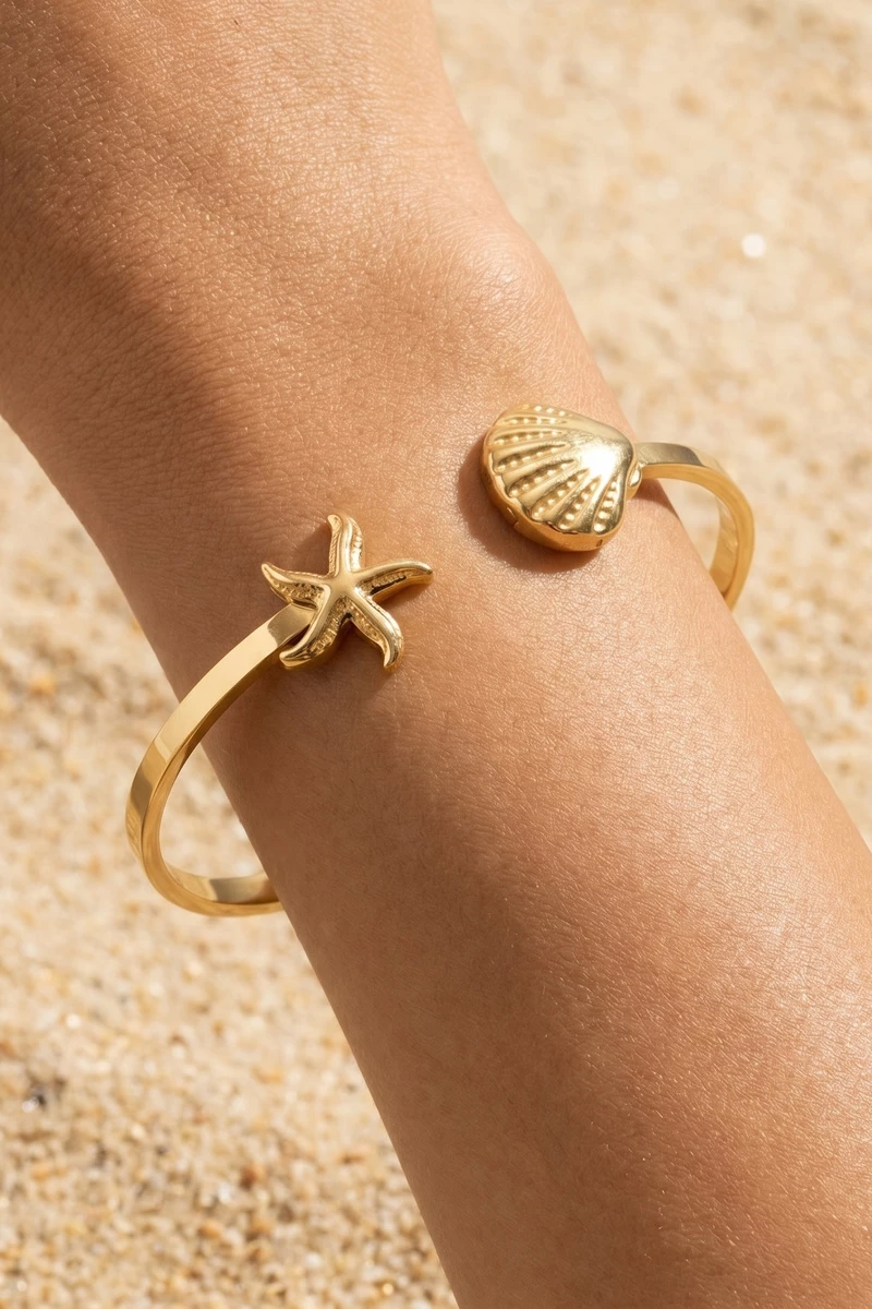 Stainless Steel Starfish And Shell Cuff Bracelet