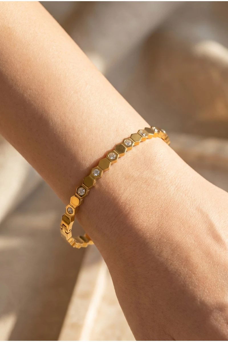 Gold Dipped Hexagon Cz Studded Bangle Bracelet