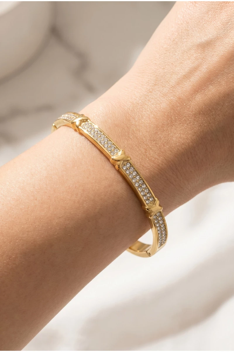 Gold Dipped Pave Cz X Divider Bangle Bracelet