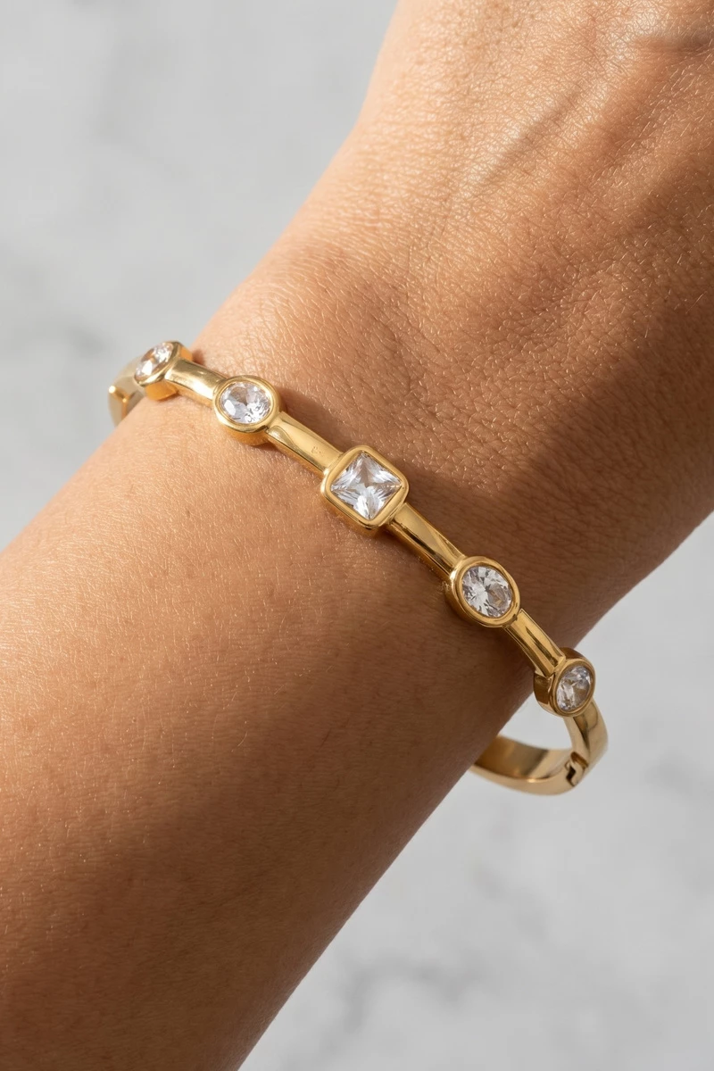 Stainless Steel Bezel Cz Station Bangle Bracelet
