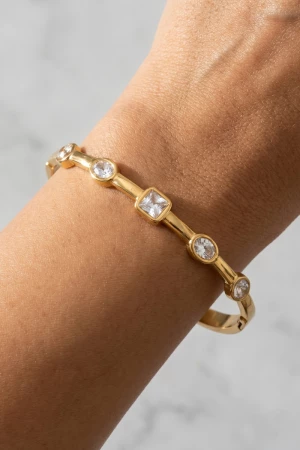 Stainless Steel Bezel Cz Station Bangle Bracelet