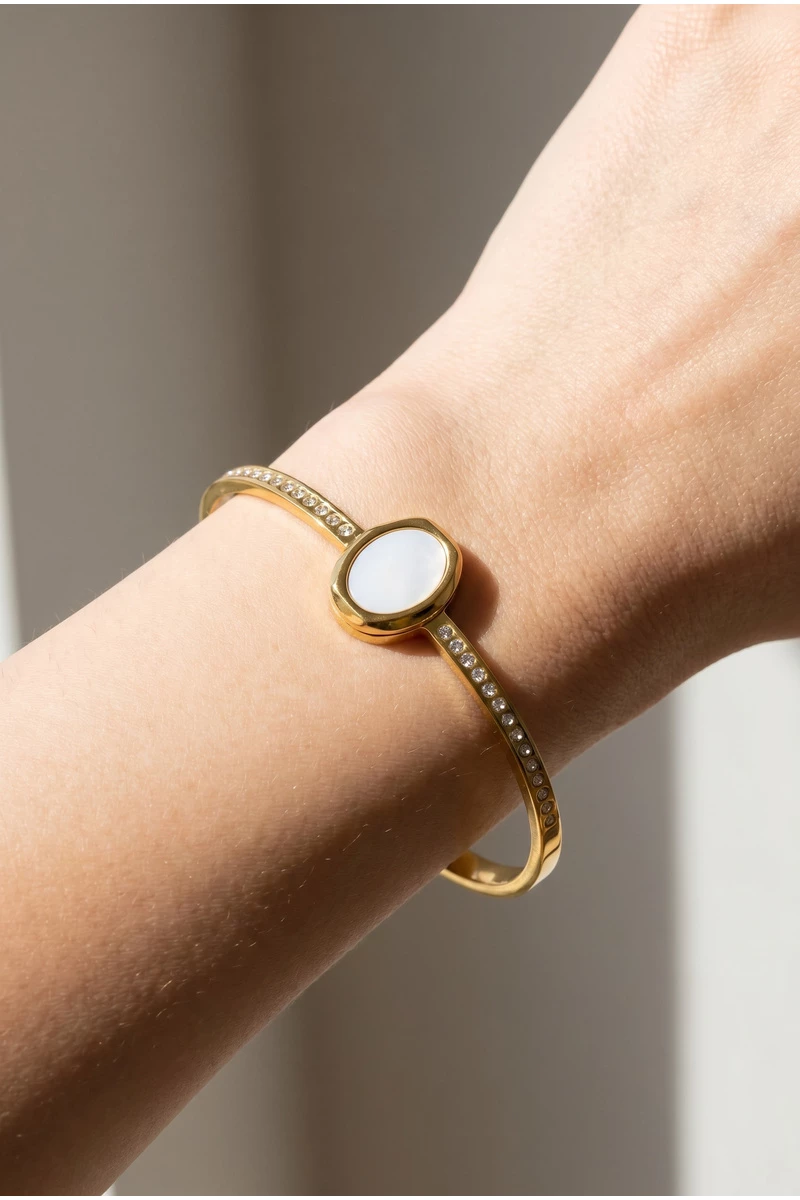 Gold Dipped Oval Stone Cz Pave Bangle Bracelet