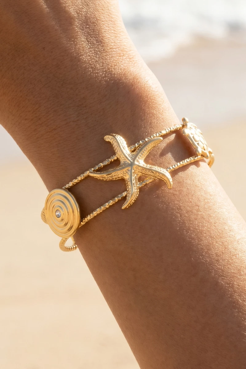 Stainless Steel Starfish And Turtle Cuff Bracelet