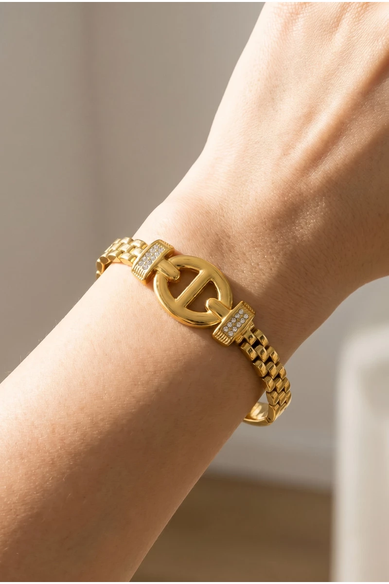 Gold Dipped Mariner Link Cz Connector Bracelet