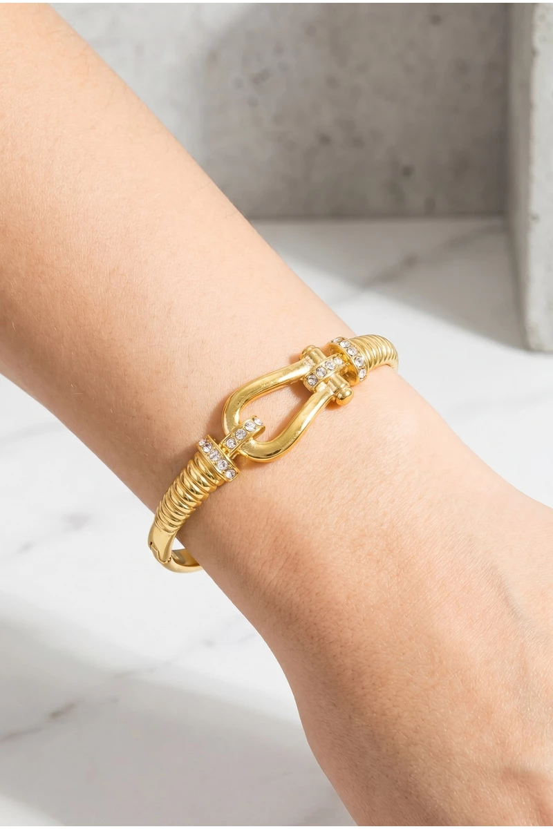 Gold Dipped Shackle Cz Ribbed Bangle Bracelet