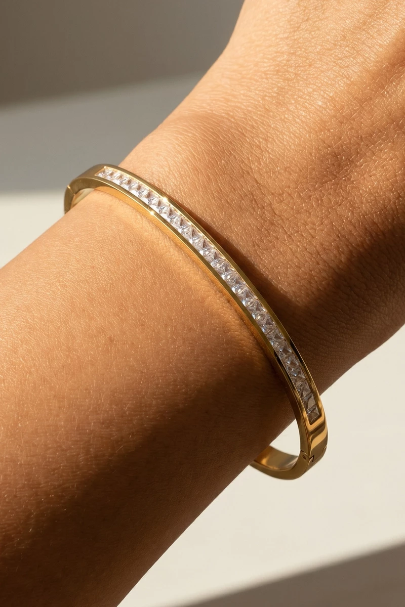 Stainless Steel Princess Cut Cz Bangle Bracelet
