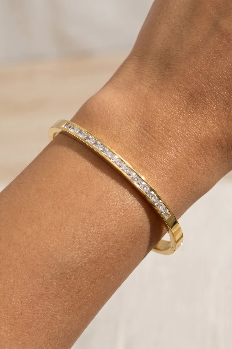 Stainless Steel Baguette Cz Channel Bangle Bracelet