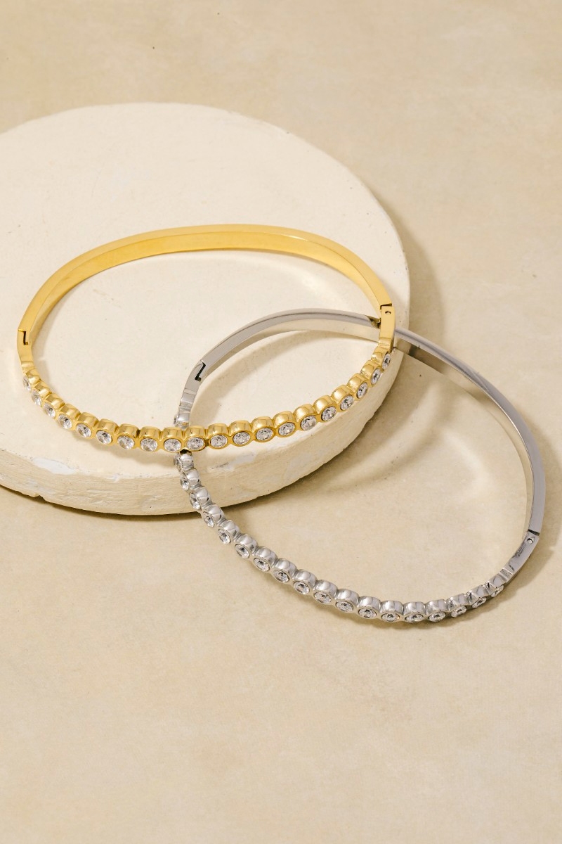 Stainless Steel Bezel Set Crystal Hinged Bangle Bracelet