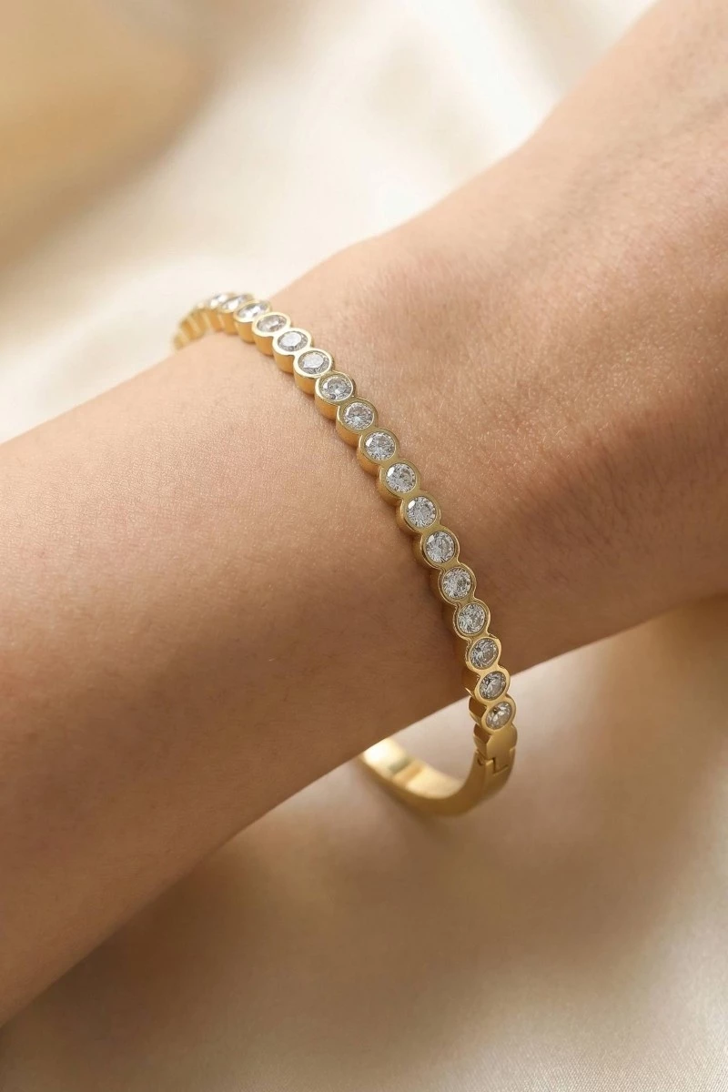 Stainless Steel Bezel Set Crystal Hinged Bangle Bracelet