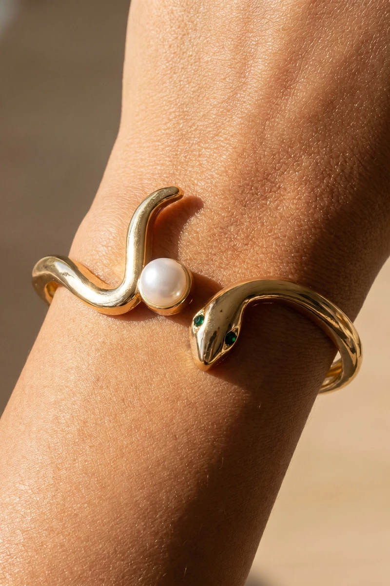 Snake Head And Pearl Open Cuff Bracelet