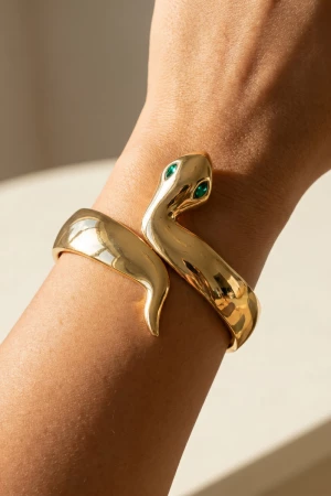 Snake Wrap Hinged Cuff Bracelet With Cz Eyes