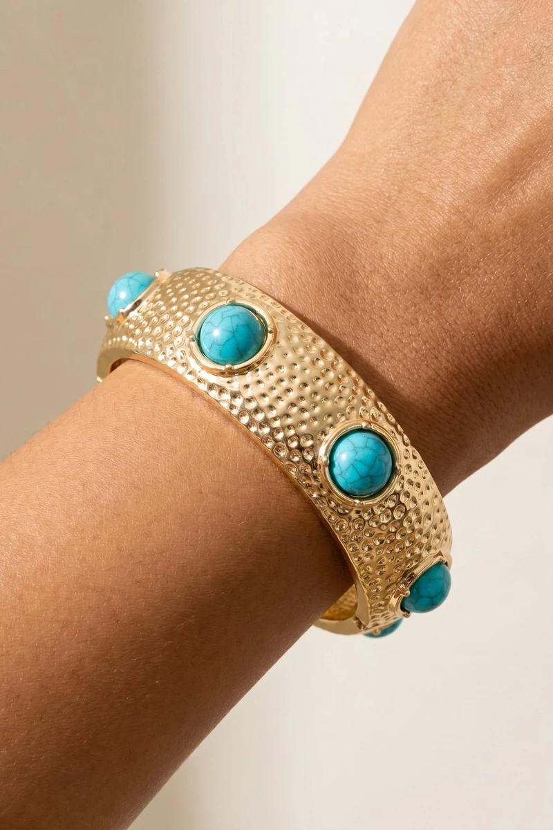 Hammered Turquoise Stone Hinged Bangle Bracelet