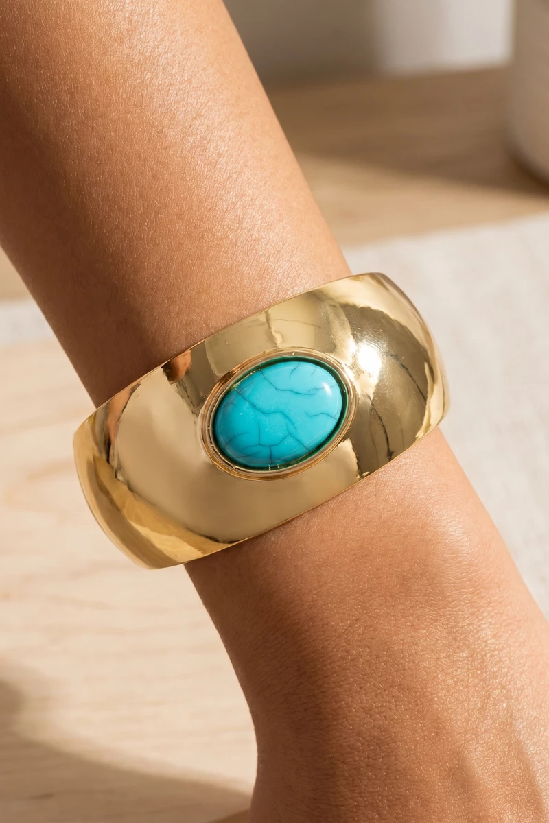Wide Smooth Cuff Bracelet With Turquoise Stone