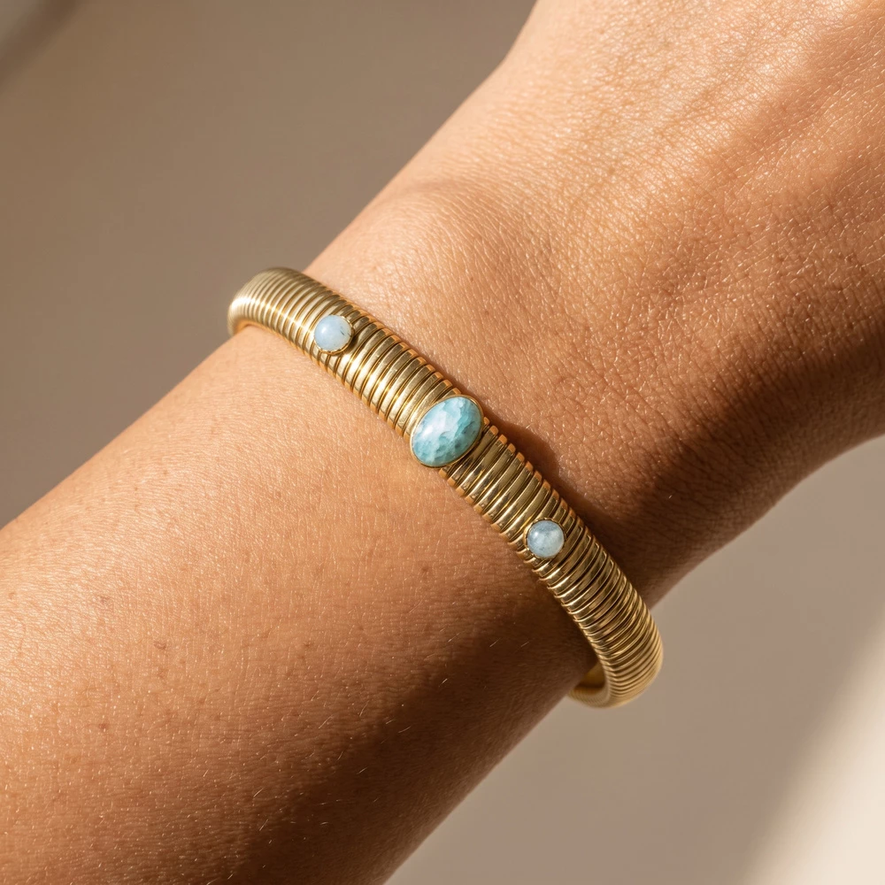 Ribbed Stretch Bangle Bracelet With Stone Accents