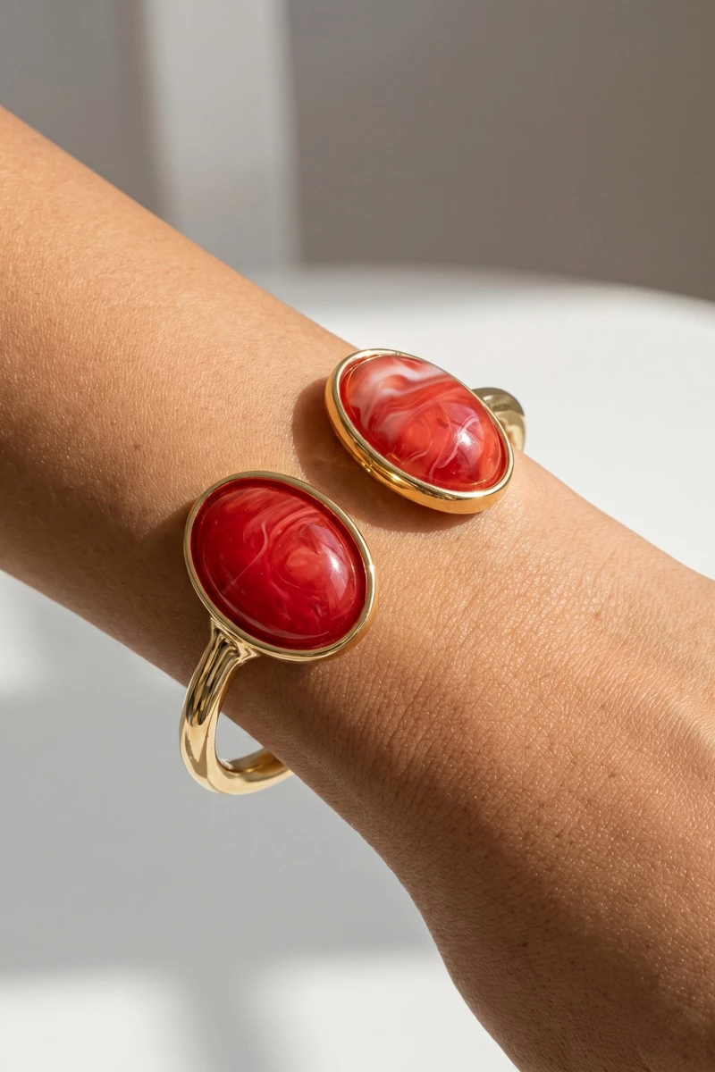Double Cabochon Open Cuff Bracelet