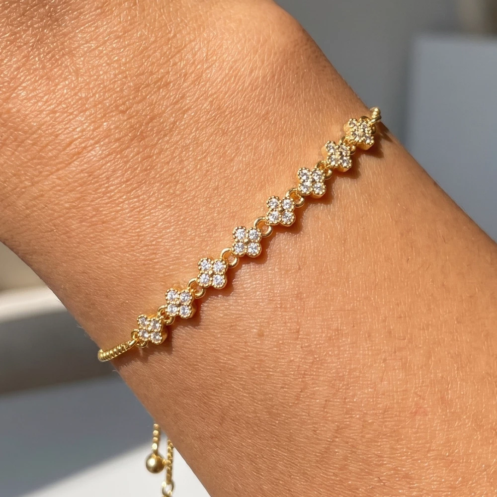 Pave Cz Clover Bar Slider Bracelet