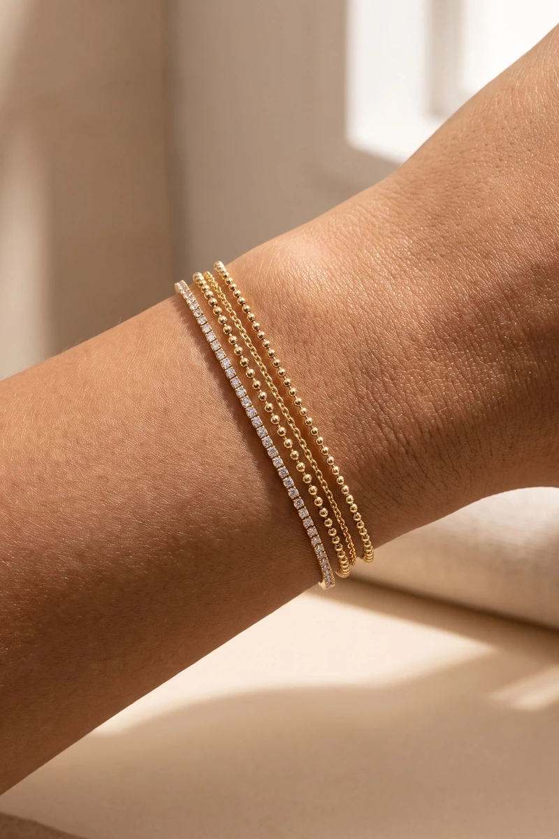 Four Strand Layered Chain And Crystal Bracelet