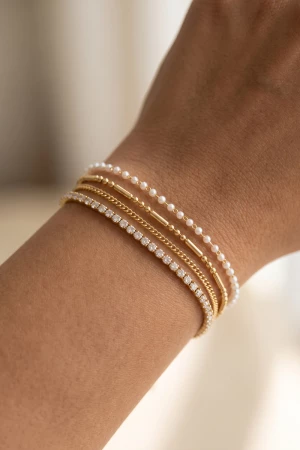 Pearl Bead And Tennis Chain Layered Bracelet