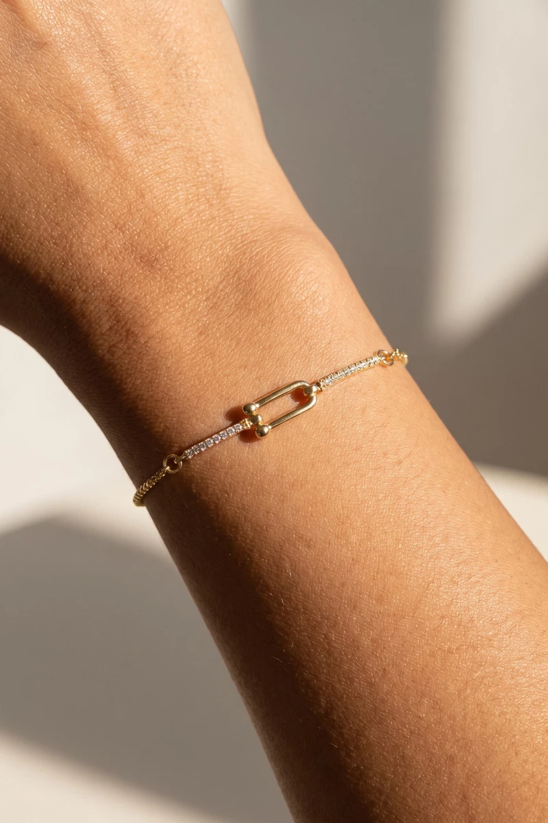 Pave Bar And U Link Box Chain Bolo Bracelet