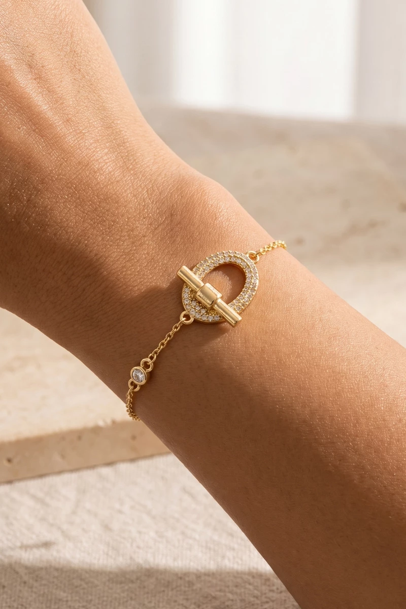 Pave Ring And Toggle Bar Dainty Chain Bracelet
