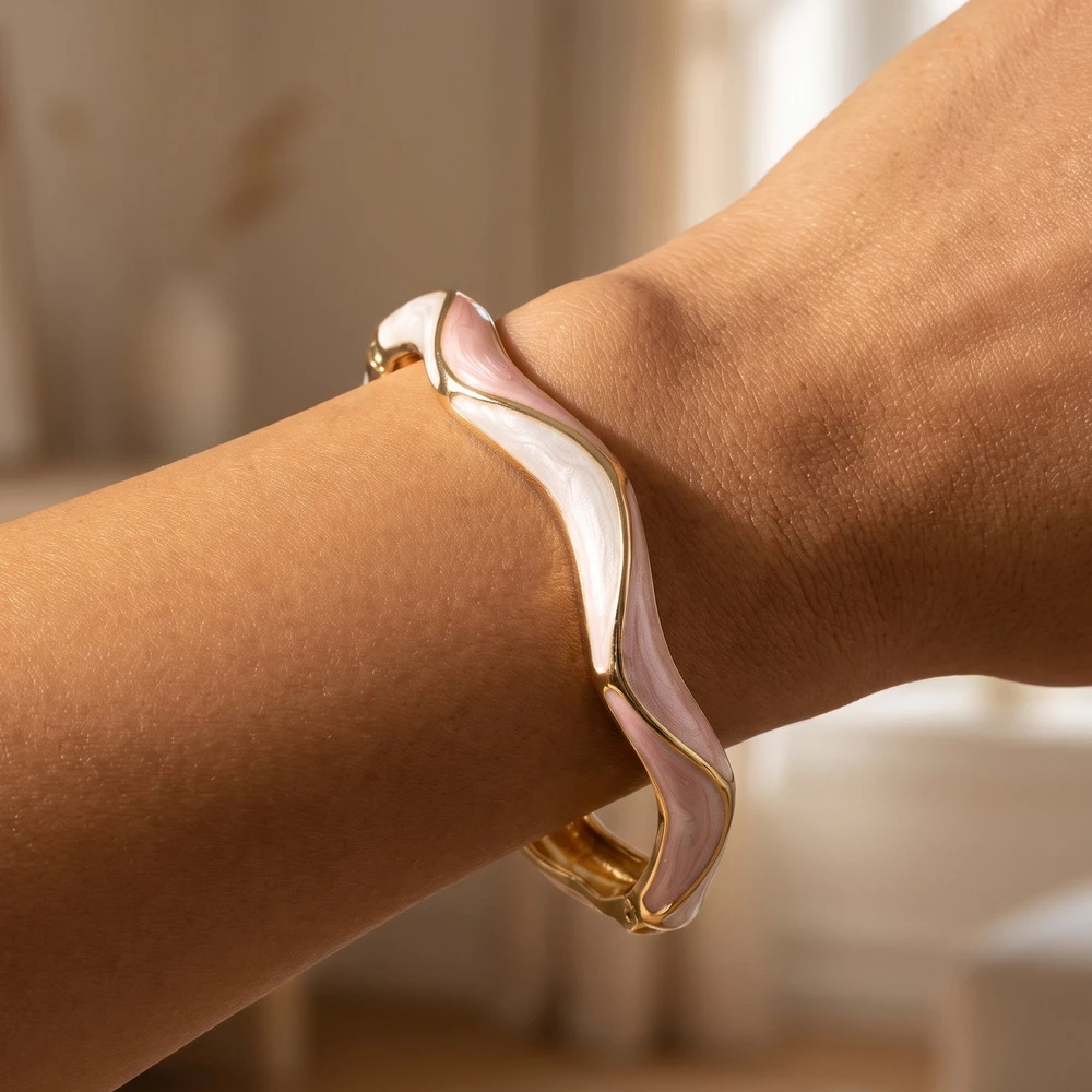 Wavy Pearlized Enamel Hinged Bangle Bracelet