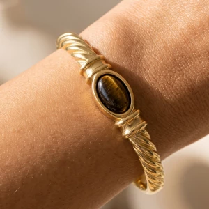 Tiger Eye Rope Twist Hinged Bangle Bracelet