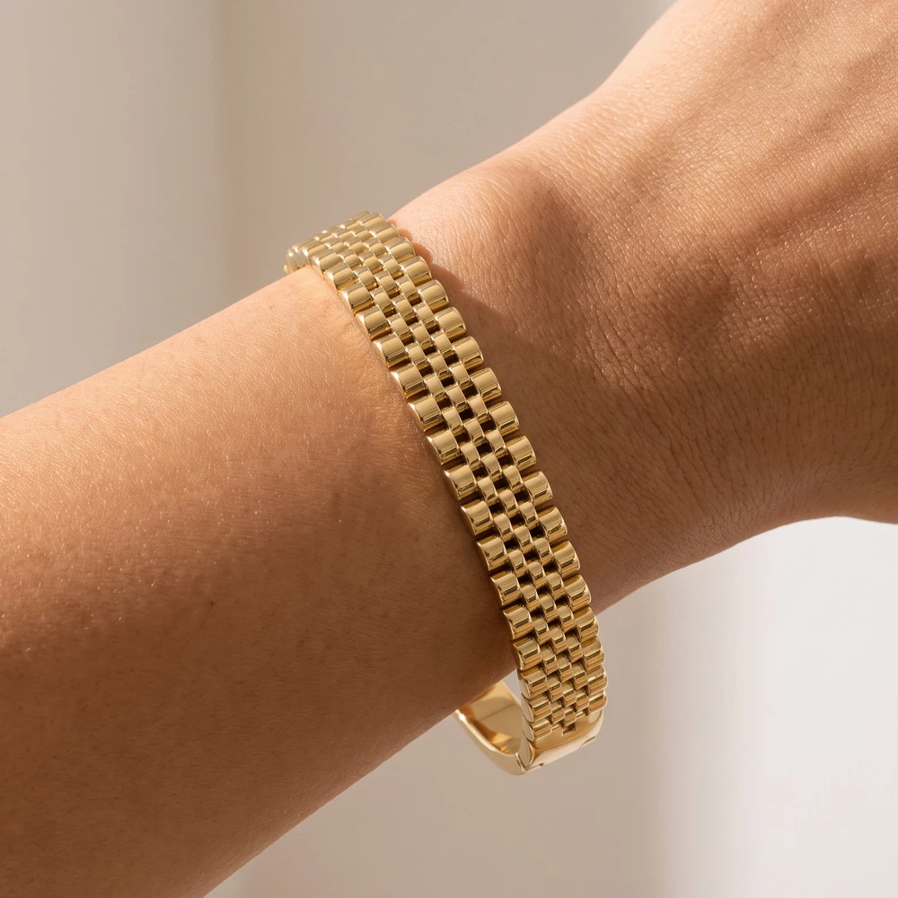 Wide Watch Band Link Hinged Bangle Bracelet
