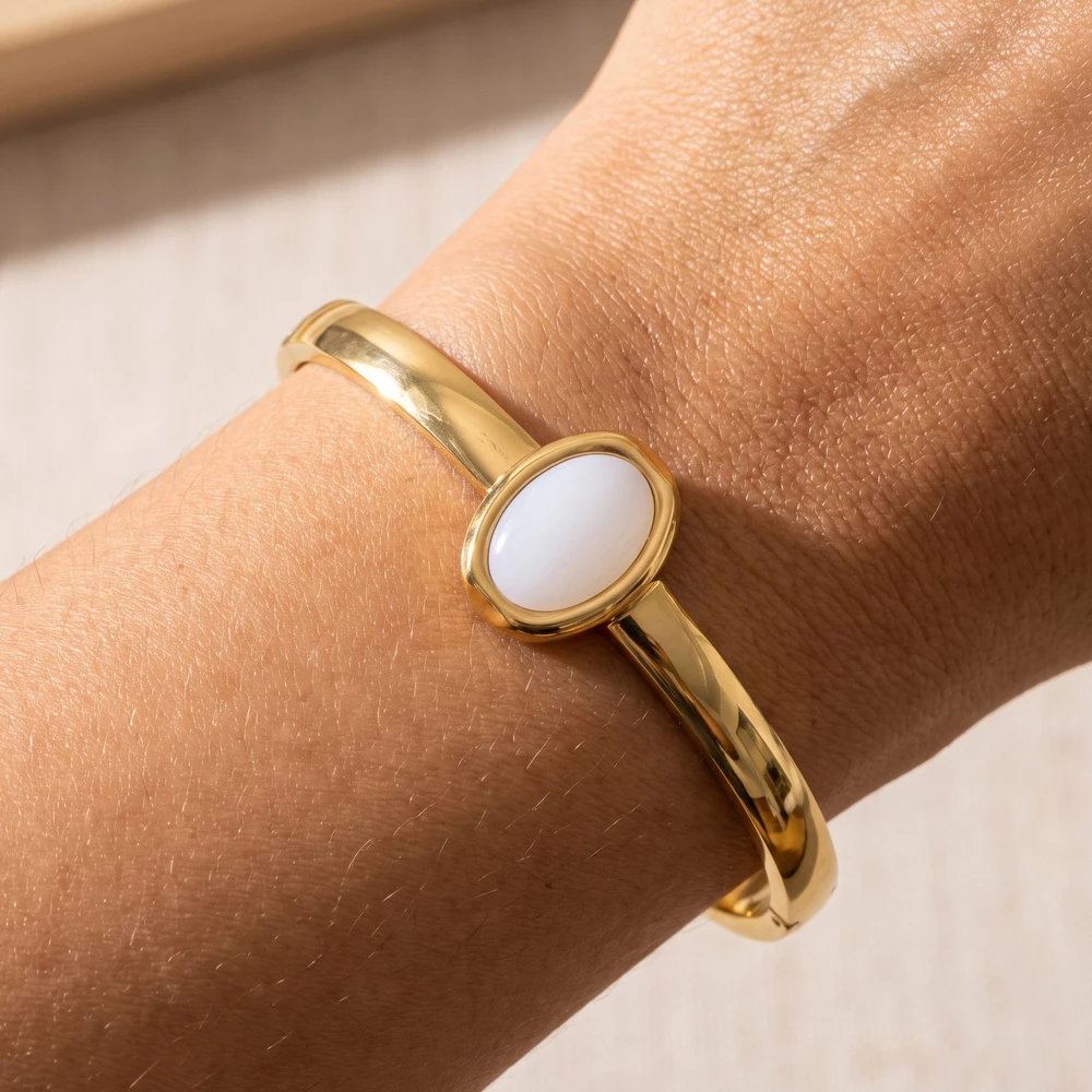 Oval Stone Cabochon Hinged Bangle Bracelet