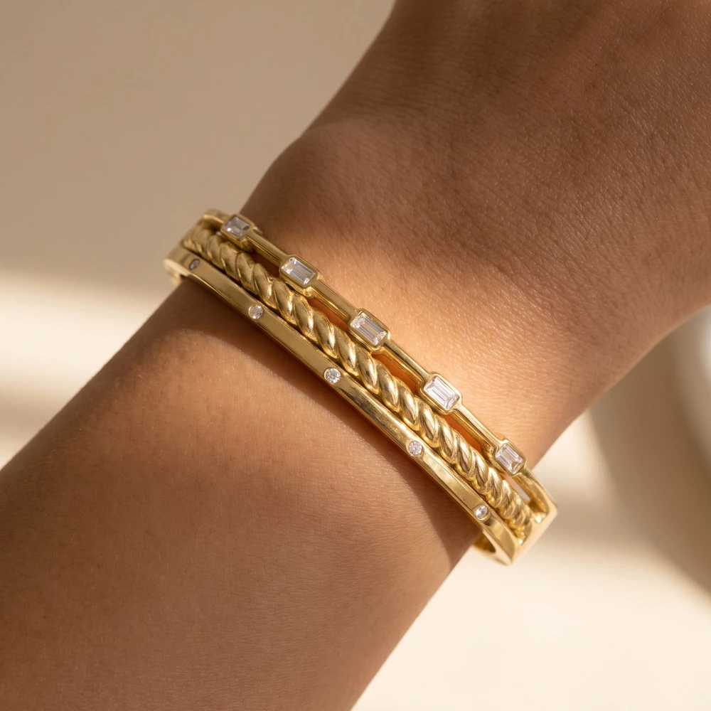 Rope Twist And Baguette Cz Triple Row Bangle